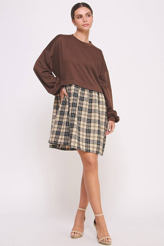 Checked Skirt Dress-Brown