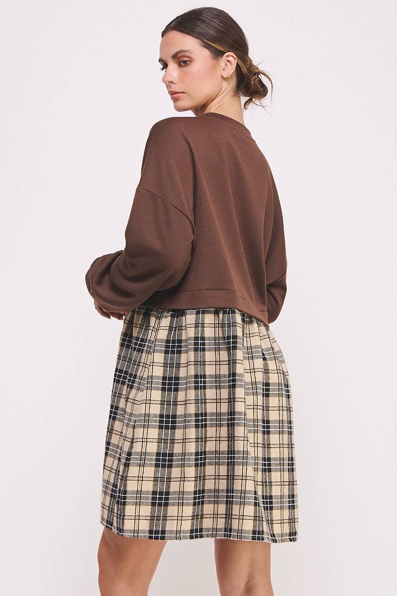 Checked Skirt Dress-Brown