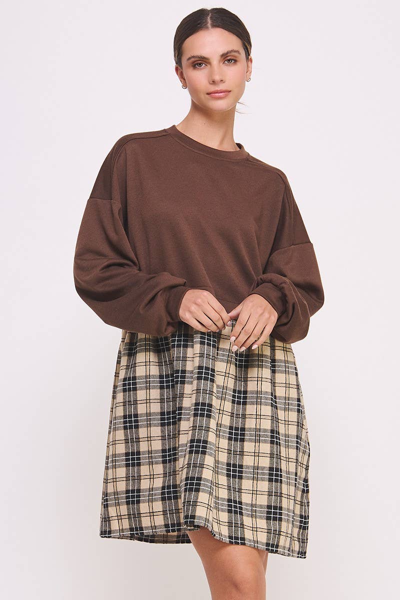 Checked Skirt Dress-Brown