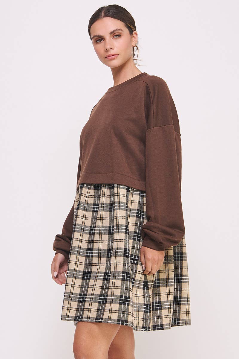 Checked Skirt Dress-Brown