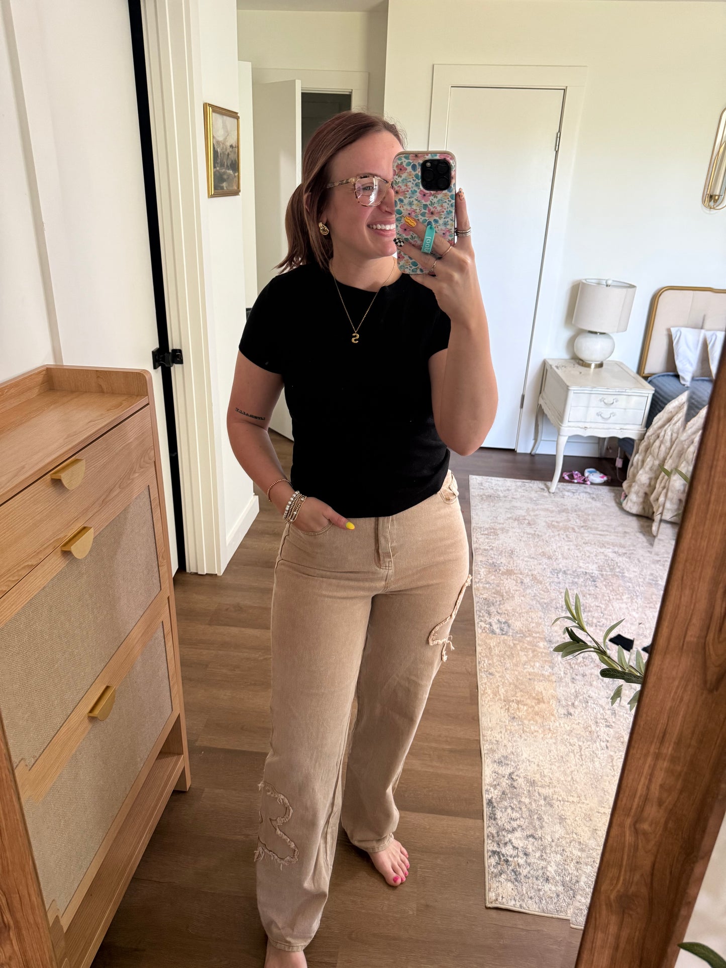 Brown Denim with Flowers